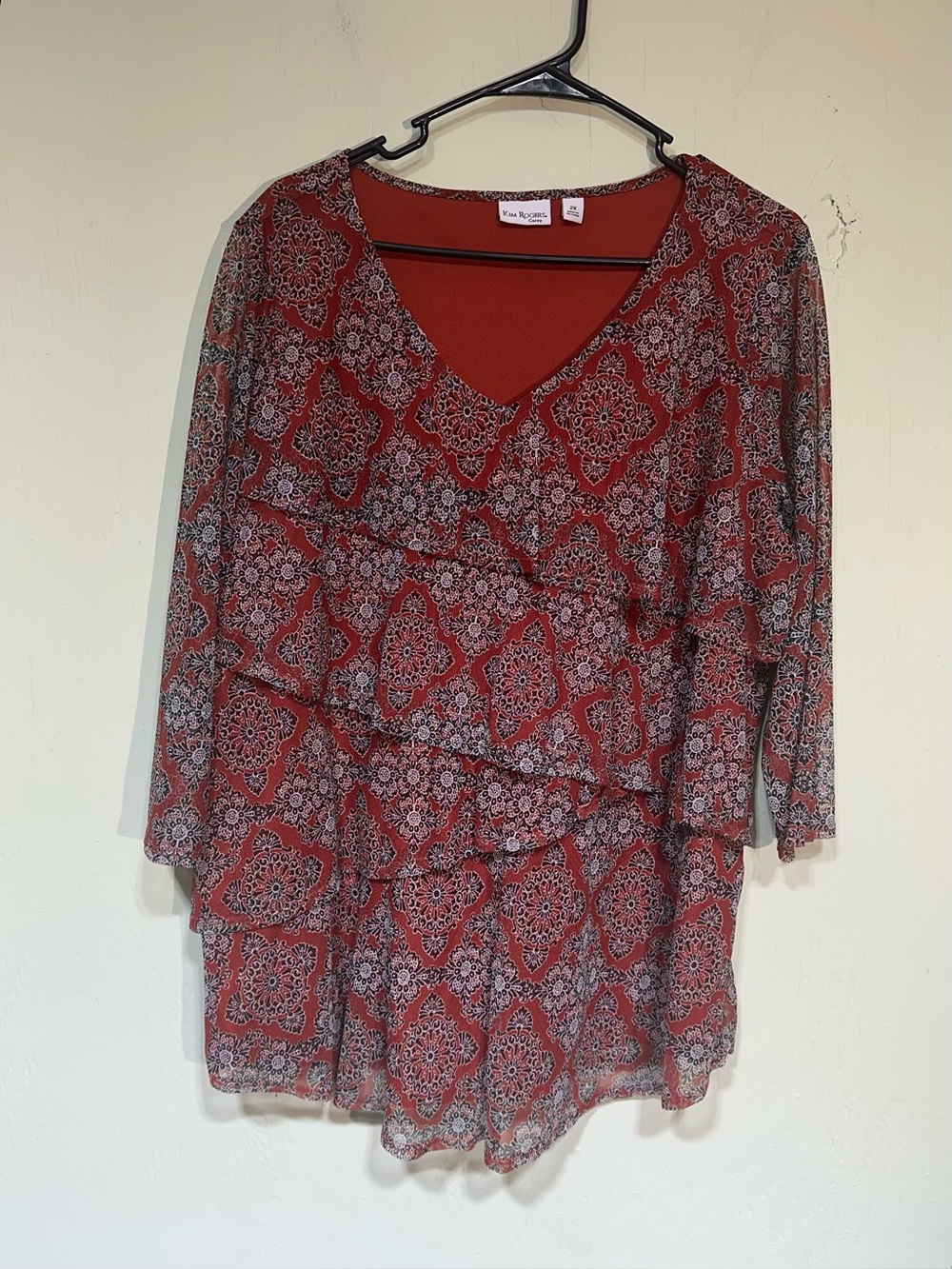 Kim Rogers orange medallion v neck layered sheer blouse women’s 2x